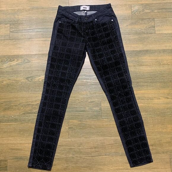 Paige Antoinette Black Velvet Color Block Print Front Skinny Jean 25 - Picture 1 of 8